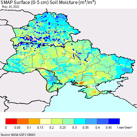 Ukraine, Moldova and Belarus SMAP Surface (0-5 cm) Soil Moisture (m³/m³) Thematic Map For 5/6/2021 - 5/10/2021