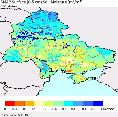 Ukraine, Moldova and Belarus SMAP Surface (0-5 cm) Soil Moisture (m³/m³) Thematic Map For 5/11/2021 - 5/15/2021