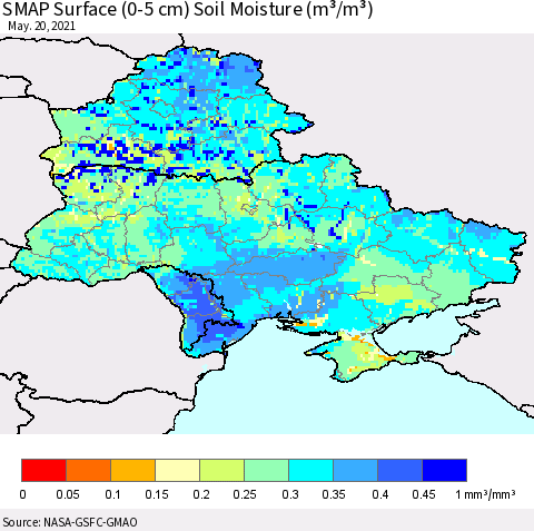 Ukraine, Moldova and Belarus SMAP Surface (0-5 cm) Soil Moisture (m³/m³) Thematic Map For 5/16/2021 - 5/20/2021