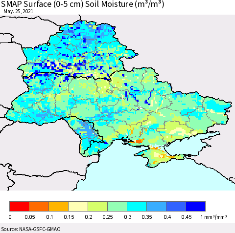 Ukraine, Moldova and Belarus SMAP Surface (0-5 cm) Soil Moisture (m³/m³) Thematic Map For 5/21/2021 - 5/25/2021