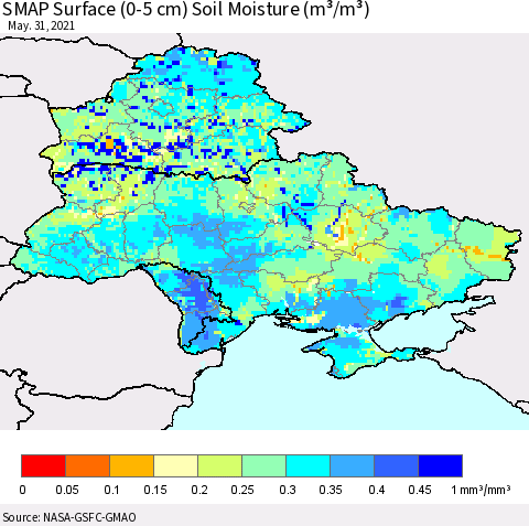 Ukraine, Moldova and Belarus SMAP Surface (0-5 cm) Soil Moisture (m³/m³) Thematic Map For 5/26/2021 - 5/31/2021