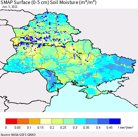 Ukraine, Moldova and Belarus SMAP Surface (0-5 cm) Soil Moisture (m³/m³) Thematic Map For 6/1/2021 - 6/5/2021