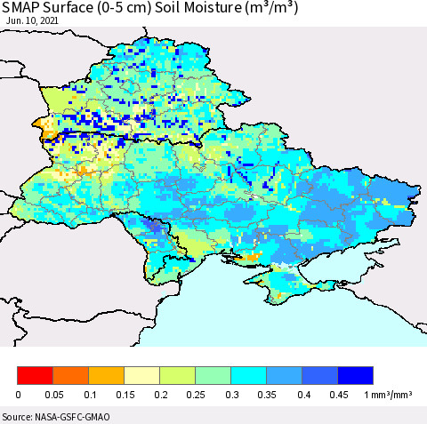 Ukraine, Moldova and Belarus SMAP Surface (0-5 cm) Soil Moisture (m³/m³) Thematic Map For 6/6/2021 - 6/10/2021