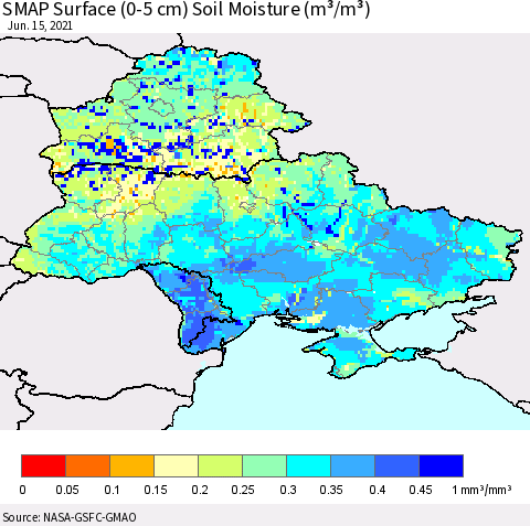 Ukraine, Moldova and Belarus SMAP Surface (0-5 cm) Soil Moisture (m³/m³) Thematic Map For 6/11/2021 - 6/15/2021