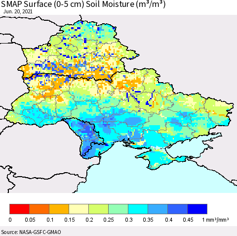 Ukraine, Moldova and Belarus SMAP Surface (0-5 cm) Soil Moisture (m³/m³) Thematic Map For 6/16/2021 - 6/20/2021