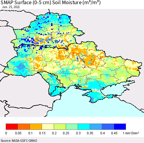 Ukraine, Moldova and Belarus SMAP Surface (0-5 cm) Soil Moisture (m³/m³) Thematic Map For 6/21/2021 - 6/25/2021