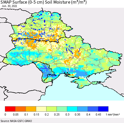 Ukraine, Moldova and Belarus SMAP Surface (0-5 cm) Soil Moisture (m³/m³) Thematic Map For 6/26/2021 - 6/30/2021