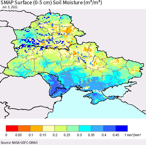 Ukraine, Moldova and Belarus SMAP Surface (0-5 cm) Soil Moisture (m³/m³) Thematic Map For 7/1/2021 - 7/5/2021