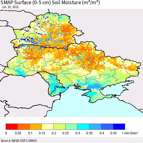 Ukraine, Moldova and Belarus SMAP Surface (0-5 cm) Soil Moisture (m³/m³) Thematic Map For 7/6/2021 - 7/10/2021