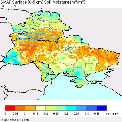 Ukraine, Moldova and Belarus SMAP Surface (0-5 cm) Soil Moisture (m³/m³) Thematic Map For 7/11/2021 - 7/15/2021
