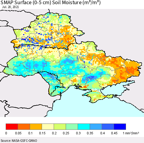 Ukraine, Moldova and Belarus SMAP Surface (0-5 cm) Soil Moisture (m³/m³) Thematic Map For 7/16/2021 - 7/20/2021