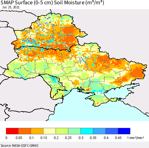 Ukraine, Moldova and Belarus SMAP Surface (0-5 cm) Soil Moisture (m³/m³) Thematic Map For 7/21/2021 - 7/25/2021