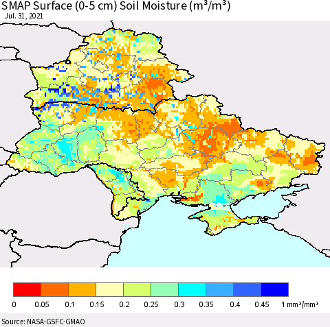Ukraine, Moldova and Belarus SMAP Surface (0-5 cm) Soil Moisture (m³/m³) Thematic Map For 7/26/2021 - 7/31/2021