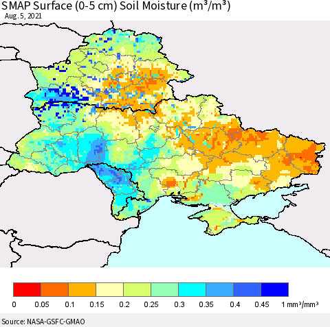 Ukraine, Moldova and Belarus SMAP Surface (0-5 cm) Soil Moisture (m³/m³) Thematic Map For 8/1/2021 - 8/5/2021