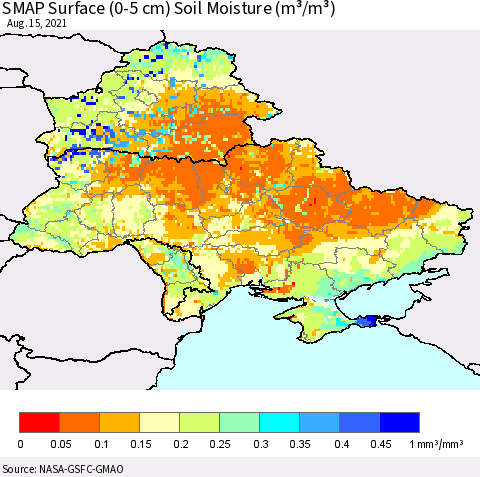 Ukraine, Moldova and Belarus SMAP Surface (0-5 cm) Soil Moisture (m³/m³) Thematic Map For 8/11/2021 - 8/15/2021