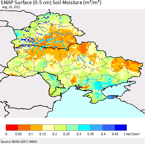 Ukraine, Moldova and Belarus SMAP Surface (0-5 cm) Soil Moisture (m³/m³) Thematic Map For 8/16/2021 - 8/20/2021