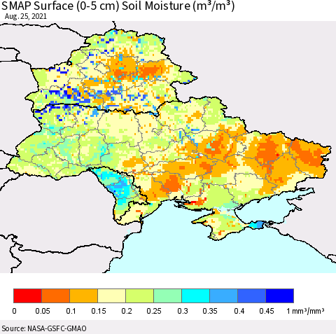 Ukraine, Moldova and Belarus SMAP Surface (0-5 cm) Soil Moisture (m³/m³) Thematic Map For 8/21/2021 - 8/25/2021