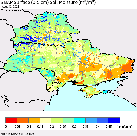 Ukraine, Moldova and Belarus SMAP Surface (0-5 cm) Soil Moisture (m³/m³) Thematic Map For 8/26/2021 - 8/31/2021