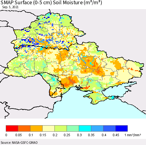 Ukraine, Moldova and Belarus SMAP Surface (0-5 cm) Soil Moisture (m³/m³) Thematic Map For 9/1/2021 - 9/5/2021