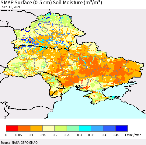 Ukraine, Moldova and Belarus SMAP Surface (0-5 cm) Soil Moisture (m³/m³) Thematic Map For 9/6/2021 - 9/10/2021