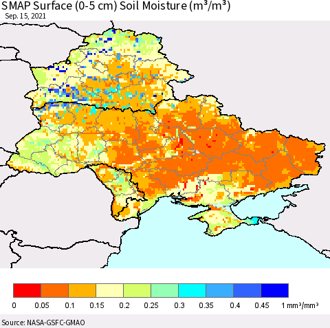 Ukraine, Moldova and Belarus SMAP Surface (0-5 cm) Soil Moisture (m³/m³) Thematic Map For 9/11/2021 - 9/15/2021