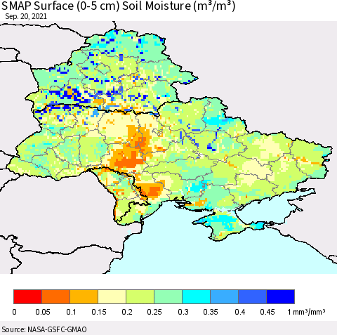 Ukraine, Moldova and Belarus SMAP Surface (0-5 cm) Soil Moisture (m³/m³) Thematic Map For 9/16/2021 - 9/20/2021