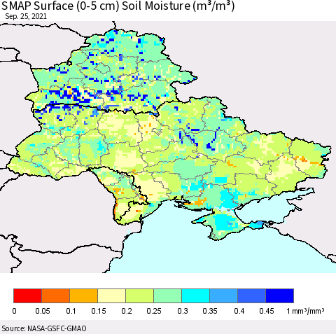 Ukraine, Moldova and Belarus SMAP Surface (0-5 cm) Soil Moisture (m³/m³) Thematic Map For 9/21/2021 - 9/25/2021