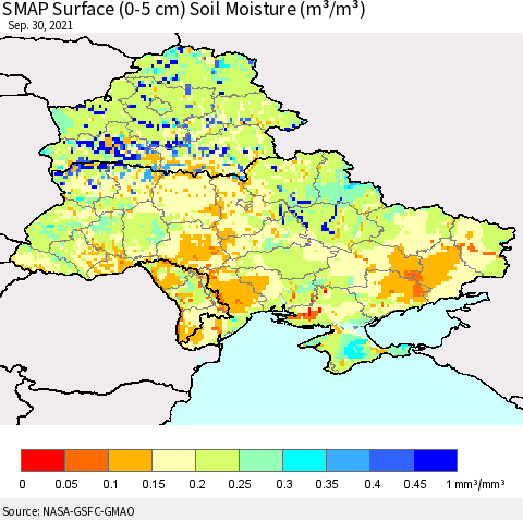 Ukraine, Moldova and Belarus SMAP Surface (0-5 cm) Soil Moisture (m³/m³) Thematic Map For 9/26/2021 - 9/30/2021