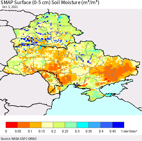 Ukraine, Moldova and Belarus SMAP Surface (0-5 cm) Soil Moisture (m³/m³) Thematic Map For 10/1/2021 - 10/5/2021