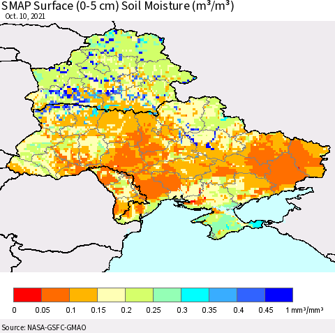 Ukraine, Moldova and Belarus SMAP Surface (0-5 cm) Soil Moisture (m³/m³) Thematic Map For 10/6/2021 - 10/10/2021