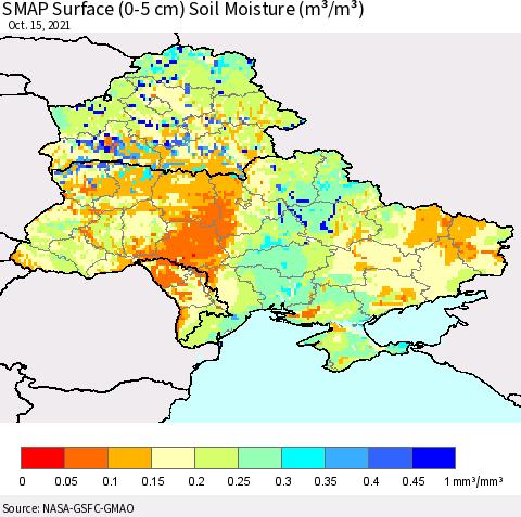 Ukraine, Moldova and Belarus SMAP Surface (0-5 cm) Soil Moisture (m³/m³) Thematic Map For 10/11/2021 - 10/15/2021