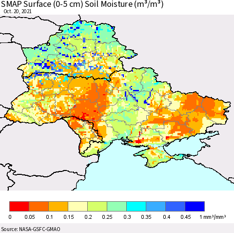 Ukraine, Moldova and Belarus SMAP Surface (0-5 cm) Soil Moisture (m³/m³) Thematic Map For 10/16/2021 - 10/20/2021