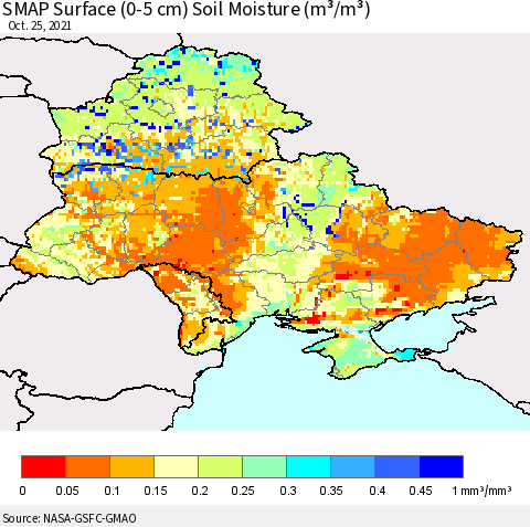Ukraine, Moldova and Belarus SMAP Surface (0-5 cm) Soil Moisture (m³/m³) Thematic Map For 10/21/2021 - 10/25/2021