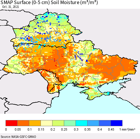 Ukraine, Moldova and Belarus SMAP Surface (0-5 cm) Soil Moisture (m³/m³) Thematic Map For 10/26/2021 - 10/31/2021