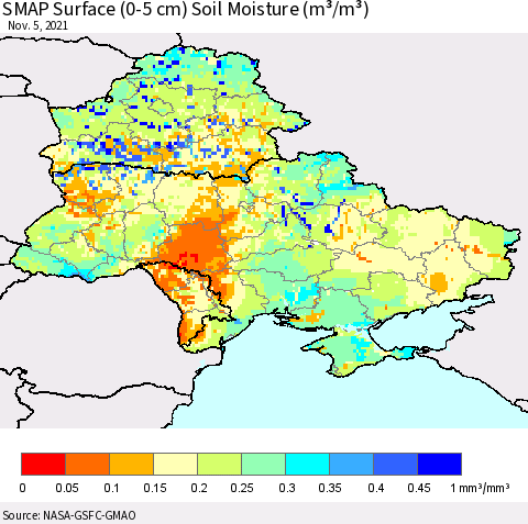 Ukraine, Moldova and Belarus SMAP Surface (0-5 cm) Soil Moisture (m³/m³) Thematic Map For 11/1/2021 - 11/5/2021