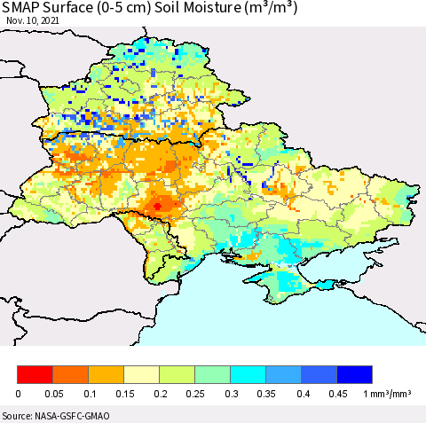 Ukraine, Moldova and Belarus SMAP Surface (0-5 cm) Soil Moisture (m³/m³) Thematic Map For 11/6/2021 - 11/10/2021