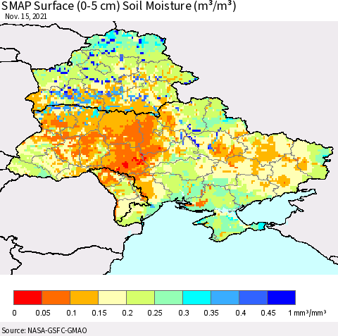 Ukraine, Moldova and Belarus SMAP Surface (0-5 cm) Soil Moisture (m³/m³) Thematic Map For 11/11/2021 - 11/15/2021