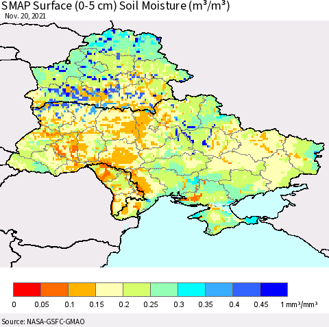 Ukraine, Moldova and Belarus SMAP Surface (0-5 cm) Soil Moisture (m³/m³) Thematic Map For 11/16/2021 - 11/20/2021