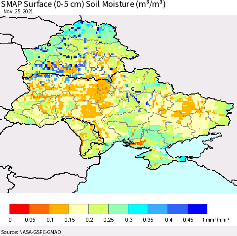 Ukraine, Moldova and Belarus SMAP Surface (0-5 cm) Soil Moisture (m³/m³) Thematic Map For 11/21/2021 - 11/25/2021