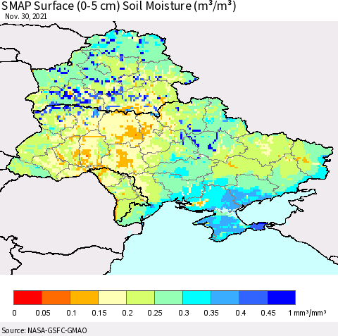 Ukraine, Moldova and Belarus SMAP Surface (0-5 cm) Soil Moisture (m³/m³) Thematic Map For 11/26/2021 - 11/30/2021