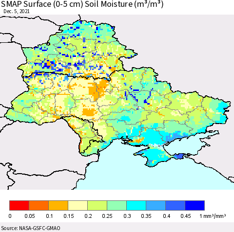 Ukraine, Moldova and Belarus SMAP Surface (0-5 cm) Soil Moisture (m³/m³) Thematic Map For 12/1/2021 - 12/5/2021