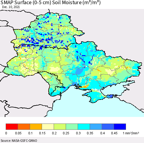 Ukraine, Moldova and Belarus SMAP Surface (0-5 cm) Soil Moisture (m³/m³) Thematic Map For 12/6/2021 - 12/10/2021