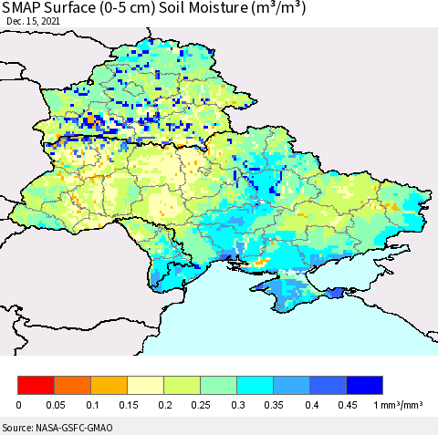 Ukraine, Moldova and Belarus SMAP Surface (0-5 cm) Soil Moisture (m³/m³) Thematic Map For 12/11/2021 - 12/15/2021