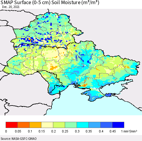Ukraine, Moldova and Belarus SMAP Surface (0-5 cm) Soil Moisture (m³/m³) Thematic Map For 12/16/2021 - 12/20/2021