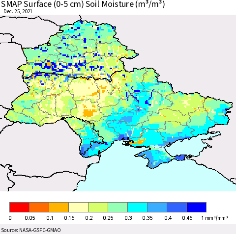 Ukraine, Moldova and Belarus SMAP Surface (0-5 cm) Soil Moisture (m³/m³) Thematic Map For 12/21/2021 - 12/25/2021