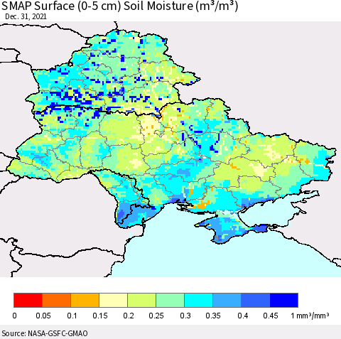Ukraine, Moldova and Belarus SMAP Surface (0-5 cm) Soil Moisture (m³/m³) Thematic Map For 12/26/2021 - 12/31/2021