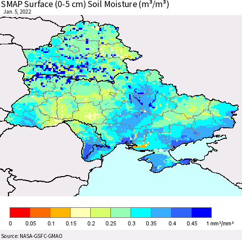 Ukraine, Moldova and Belarus SMAP Surface (0-5 cm) Soil Moisture (m³/m³) Thematic Map For 1/1/2022 - 1/5/2022