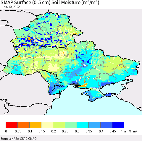 Ukraine, Moldova and Belarus SMAP Surface (0-5 cm) Soil Moisture (m³/m³) Thematic Map For 1/6/2022 - 1/10/2022