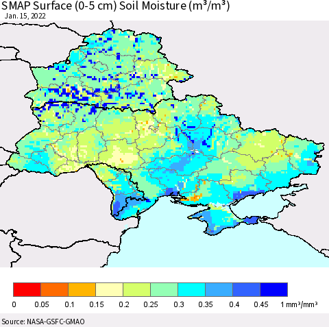 Ukraine, Moldova and Belarus SMAP Surface (0-5 cm) Soil Moisture (m³/m³) Thematic Map For 1/11/2022 - 1/15/2022