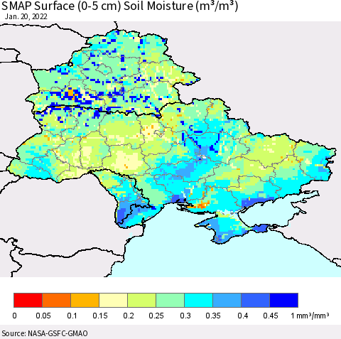 Ukraine, Moldova and Belarus SMAP Surface (0-5 cm) Soil Moisture (m³/m³) Thematic Map For 1/16/2022 - 1/20/2022